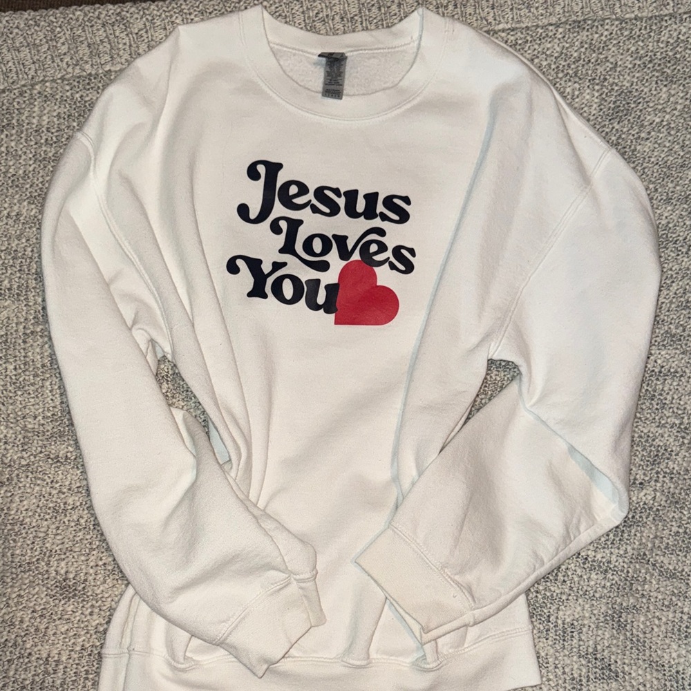White Sweatshirt with 'Jesus Loves You' Print